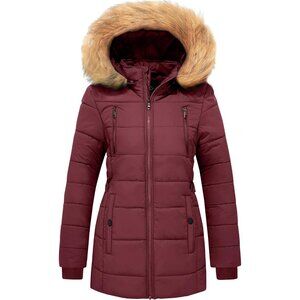 Women's Thicken Wine Red Quilted Puffer Jacket Coat Winter Warm Removable Hood